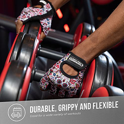 Contraband Pink Label 5237 Designer Series Workout Gloves for Women | Sugar Skull Print Weight Lifting Gloves for Women w/Grip-Lock Padding | Gym Gloves for Women w/Medium Padding (White, Large)