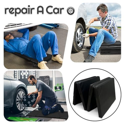 Foldable Mechanics Mat for Garage Work, 48 X 16 X 1.2 in Thick EPE Knee Pad Waterproof PU Leather Folding Mat with Carry Handle Portable for Garage, Garden, Home Gym Kneel or Lie Down