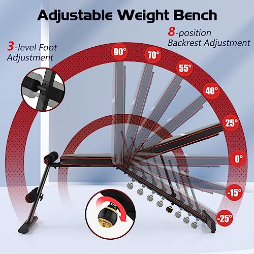GYMAX Weight Bench, Adjustable Bench Press with 8 Back Positions & 3 Foot Positions, Padded Back & Seat Cushions, Incline/Decline/Flat Workout Bench for Weight Lifting Strength Training Home Gym