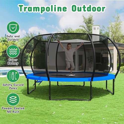 8FT 10FT 12FT 14FT 16FT Outdoor Trampoline with Safety Enclosure Net - color: Blue, size: 14 FT