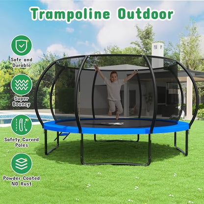 8FT 10FT 12FT 14FT 16FT Outdoor Trampoline with Safety Enclosure Net - color: Blue, size: 14 FT