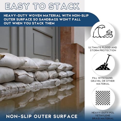 20PCS Sand Bags for Flooding, Flood Prevention Sandbags, White Sand Bags, 19"x 31"Heavy Duty Woven Sand Bag Sacks 100 lb, 25PCS Cable zip Ties for Flood Protection, Erosion Control, Hurricane Barriers