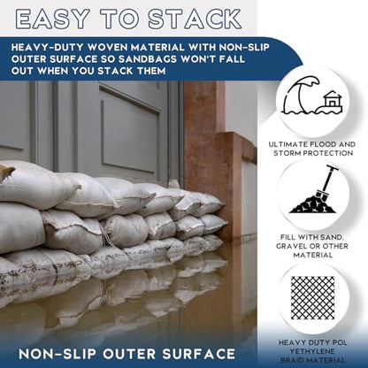 20PCS Sand Bags for Flooding, Flood Prevention Sandbags, White Sand Bags, 19"x 31"Heavy Duty Woven Sand Bag Sacks 100 lb, 25PCS Cable zip Ties for Flood Protection, Erosion Control, Hurricane Barriers
