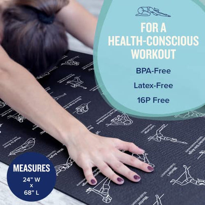 NewMe Fitness Yoga Mat for Women and Men - Large, 5mm Thick, 68 Inch Long, Non Slip Exercise Mats w/ 70 Printed Yoga Poses for Pilates, Workout and Stretching - Home and Gym Essentials - color: Black