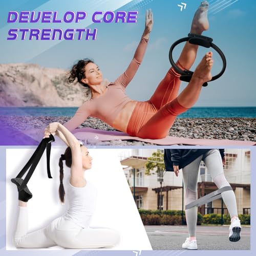 18 Pcs Home Pilates Ball and Ring Circle Set Yoga Fitness Essentials Kit with 5 Resistance Band Stretching Strap Non Slip Sock Ball Core Slider Wristband Headband Gym Bag for Women