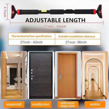 Adjustable Pull Up Bar for Doorway - 440LBS Weight Capacity, No Screws Installation with Level Meter and Auto Lock, Chin Up Bar for Home Gym Strength Training,Red Triple