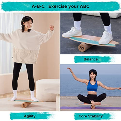 XCMAN Surf Balance Board Trainer with Roller Wooden Exercise Balancing Stability Trainer - Non Slip Surface for Adults Kids|Balance Board for Surfing,Snowboarding,Skateboarding,Hockey,Yoga Training