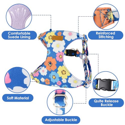 Lukovee No Pull Puppy Harness and Leash Set - Adjustable Lightweight Soft Suede Pet Harness Vest, with Snap Buckle & 51in Leash for Small Medium Dogs (Blue Flower, XXS) - color: ·Blue Flower, size: XX-Small ( 2.2-6lb )