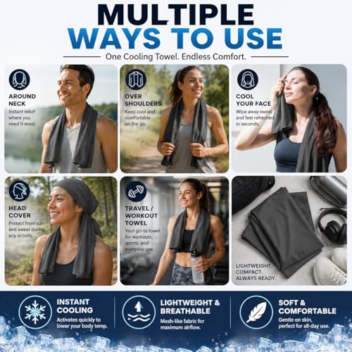 Large Cooling Towel for Neck and Face, 43.3 x 15.7 in, Dark Gray - color: Dark-gray