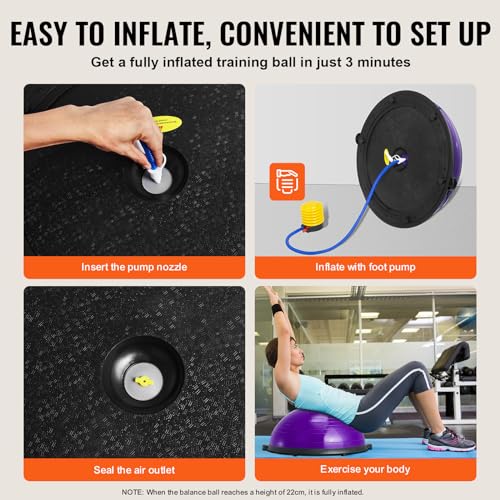 VEVOR Half Exercise Ball Trainer, 23/26 inch Balance Ball Trainer, 1500lbs Capacity Stability Ball, Yoga Ball with Resistance Bands & Foot Pump, Strength Fitness Ball for Home Gym Full Body Workout - color: 23" Ripple Purple