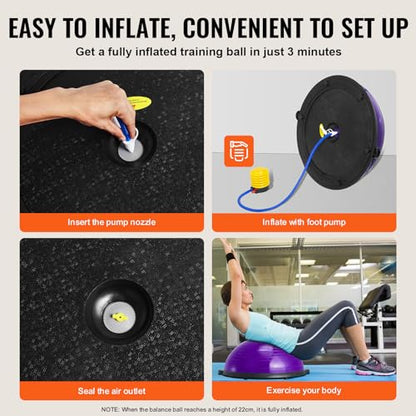 VEVOR Half Exercise Ball Trainer, 23/26 inch Balance Ball Trainer, 1500lbs Capacity Stability Ball, Yoga Ball with Resistance Bands & Foot Pump, Strength Fitness Ball for Home Gym Full Body Workout - color: 23" Ripple Purple