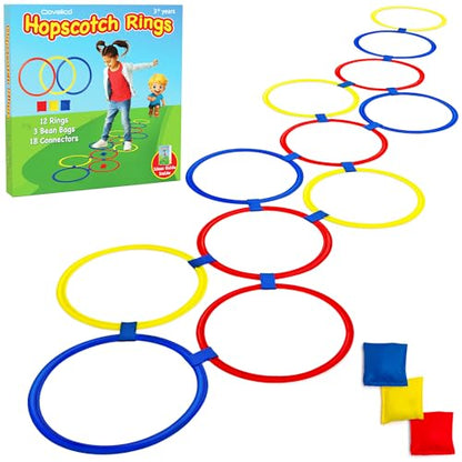 Hopscotch Rings, 12 x 11 Inch Rings & 3 Bean Bags, Play Hopscotch Outdoor & Indoor Obstacle Course for Kids 3-5, Recess Toys & Physical Education Equipment, Gross Motor Games PE Equipment