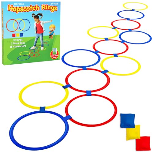 Hopscotch Rings, 12 x 11 Inch Rings & 3 Bean Bags, Play Hopscotch Outdoor & Indoor Obstacle Course for Kids 3-5, Recess Toys & Physical Education Equipment, Gross Motor Games PE Equipment