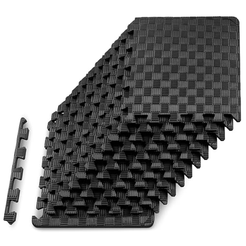 ProsourceFit Exercise Puzzle Mat ½-inch, Checkered EVA Foam Floor Tiles w/ Non-Slip Texture, Interlocking Design for Adjustable Gym Surfaces, Shock Absorbing, Black, 12 SQ FT - 12 Tiles - color: Black, size: 12 Tiles