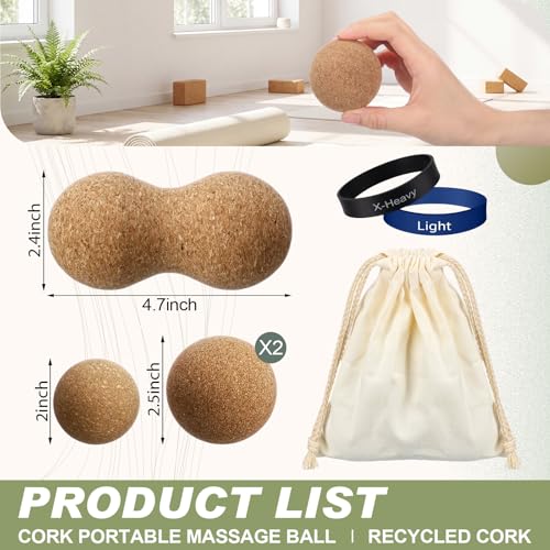 Konohan Cork Massage Balls & Toe Stretching Bands Set Includes 4 Peanut & Round Myofascial Release Balls, 2 Toe Stretching Bands and 1 Storage Bag for Plantar Fascia Relief, Foot Pain Therapy Tools