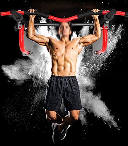 Wall Mounted Pull Up Bar, Strength Training Pull-UP Bars, Heavy Duty Wall Mount Chin Up Bar with Exercise Bands, Maximum Weight 440 lbs, Ideal for Home Gym Indoor Outdoor - color: Red
