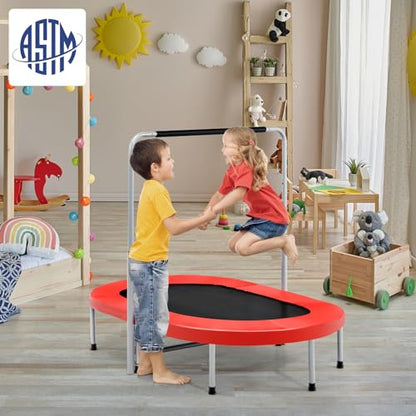 KOTEK Mini Foldable Trampoline for Kids, Double Fitness Trampoline with 5-Level Adjustable Handle Bar & Safety Pad, Toddler Trampoline for Indoor Outdoor Parent-Child Twins Use, Max Load 330 Lbs