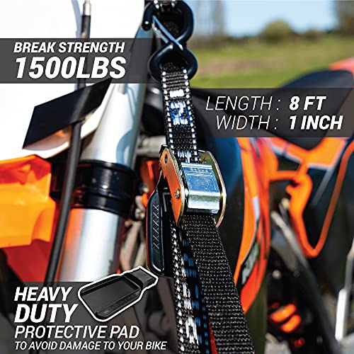 Heavy Duty Motorcycle Tie Down Straps - 1" x 8' Cam Buckle Straps with Soft Loops & Safety Hooks - Secures Motorbikes, Dirtbikes, ATV, UTV - 2 Pack