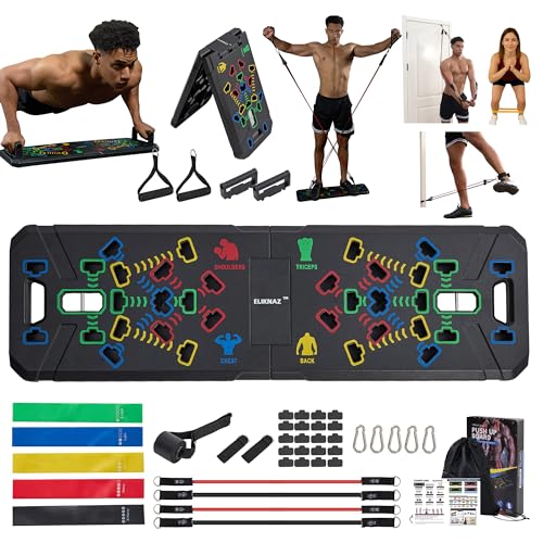 Portable Push Up Board Gym Kit 25-in-1, Foldable Push Up Station & Exercise Board Workout Set with 18 Accessories, Resistance Bands & Handles, Ankle Straps for Men, Women & Teens