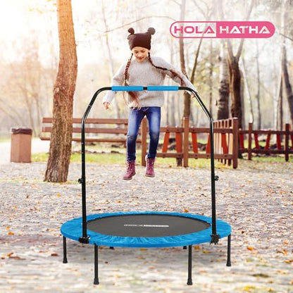 Foldable Mini Trampoline Home Gym Fitness Rebounder with 5 Level Adjustable Handle, Supportive 440 lb Capacity Workout Equipment, 40", Blue