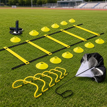 Agility Training Set, Speed Training Set with Ladder, Cones, Hurdles & Parachute, Athletic Gear for Football Basketball