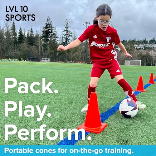LVL10 Pro Training Cones - 12" Large Soccer Cones for Sports Training - for Basketball, Football, Basketball and Agility Drills - Soccer Field Markers that Won't Crack, Slide or Fly