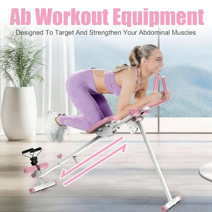 Ab Workout Equipment Abs Trainer, 4 in 1 Workout Machine with Ab Slider Roman Chair Rowing Leg Press, All in One Fitness Equipment for Home Gym Training - color: Pink