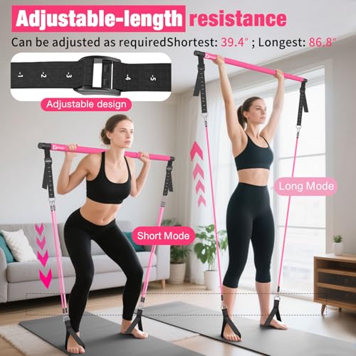 Pilates Bar Kit with Resistance Bands,Pilates Bar with Stackable Bands Workout Equipment for Legs,Hip,Waist and Arm,Exercise Fitness Equipment for Women & Men Home Gym Yoga Pilates - color: Pink