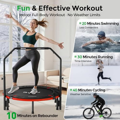 BCAN SP2 40" Foldable Mini Trampoline Max Load 330lbs, Fitness Rebounder with Adjustable Foam Handle, Exercise Trampoline for Adults Indoor/Garden Workout | FED Fitness, Black Red