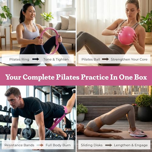 Premium 12pc Pilates Kit – 15 inch Pilates Ring and Ball Set w/ 1lbs Ankle Weights, Fabric Resistance Bands, Sliders, Yoga Socks & Gym Bag – Pilates Workout, Home Gym Equipment Accessories - color: Blush Energy (Pink)