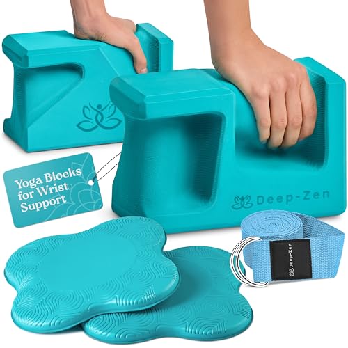 PRO Yoga Blocks | Ergonomic Yoga Block 2 Pack for Wrist Comfort and Support | EVA Foam Exercise Blocks, 2x Knee Pads & Yoga Strap | Pilates Block Set | Bricks to Eliminate Wrist Pain - color: Blue