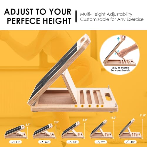 Wooden Slant Board for Calf Stretching, Adjustable Portable Incline Board with 10 - pound Pull Rope, Comes with Training Poster, 300 Lbs Weight Capacity for Leg, Knees and Ankle Stretching