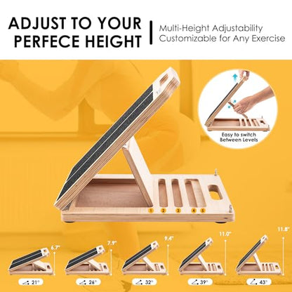 Wooden Slant Board for Calf Stretching, Adjustable Portable Incline Board with 10 - pound Pull Rope, Comes with Training Poster, 300 Lbs Weight Capacity for Leg, Knees and Ankle Stretching