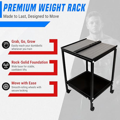 Large Compact Dumbbell Rack & Dumbbell Stand W/Storage Tray—Heavy-Duty Weight Rack Folds Flat for Easy Storage & 150 LB Capacity of Dumbbell Rack ; Use Expandable Dumbbells for Home Gym
