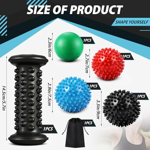 5 Pcs Massage Ball and Foot Roller Set, 3-in-1 Set with Spiky Ball Lacrosse Balls Massage Roller Carrying Bag, Foot Massager for Plantar Fasciitis Relief Muscle Pain