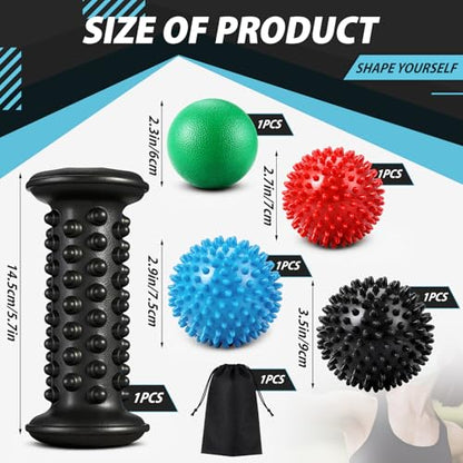 5 Pcs Massage Ball and Foot Roller Set, 3-in-1 Set with Spiky Ball Lacrosse Balls Massage Roller Carrying Bag, Foot Massager for Plantar Fasciitis Relief Muscle Pain