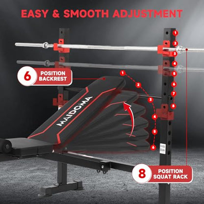 1500LBS / 750LBS 8 in 1 Weight Bench with Leg Extension and Squat Rack, Adjustable Flat Incline Decline Bench Press for Full Body Workout（US Stock）
