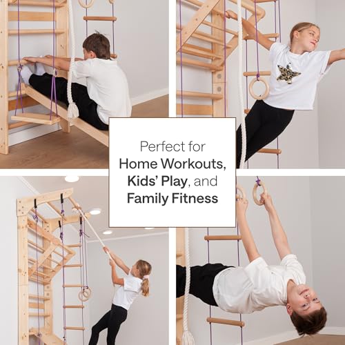 Wooden Swedish Ladder Wall Set – Kids Stall Bars for Exercise – Kids Swedish Gymnastic Wall Gym – Wood Stall Bar Gymnastics Playground – Best Gym for All Family - color: Wood