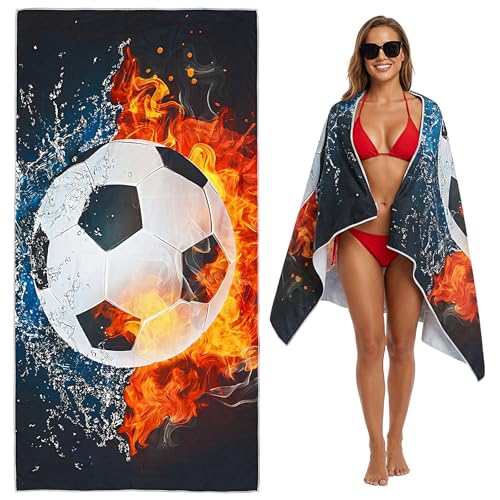 Large Soccer Beach Towel - 71" x 35" Oversized Microfiber Sand Free Quick Dry Absorbent Compact Sports Beach Towel for Pool Travel Gym Bath Camping- Cool Soccer Fan Gifts for Men Women Summer Vacation - color: A-soccer-1