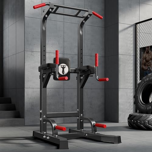 sogesfurniture Power Tower Dip Stands Assistive Trainer for Home Gym - 10-Level Height Adjustable Multi-functional Pull Up Bar, Dual Training Stands for Dip Push Up & Core Workout, Heavy Duty Steel Frame