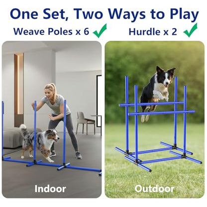 6 Weave Poles or 2 Hurdle Dog Agility Set, Indoor & Outdoor - color: Blue Weave Poles 6