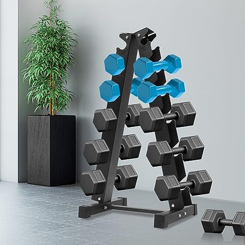 6-Tier Dumbbell Weight Rack, Rubber Encased Exercise & Fitness Hex Dumbbell, Dumbbell Rack Stand for Home Gym – Heavy Duty A-Frame Weight Rack Holds 6 Pairs of Dumbbells, 660 lbs Capacity