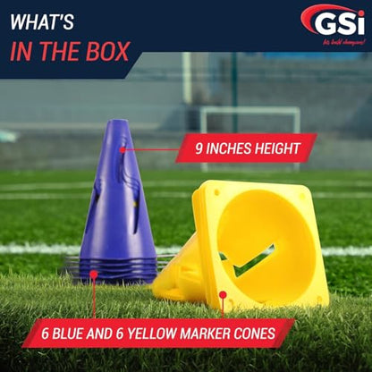 GSi Agility Training Wind-Resistant Cones/S-Slit Design, 12 Cones in 2 Colors /9 Inch Height/Cones for Training, Sports Drills & Field Marking