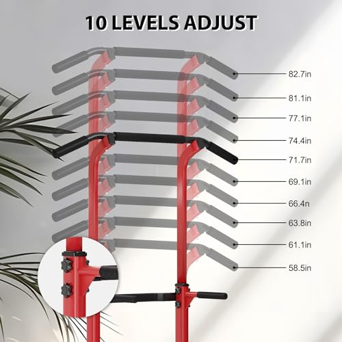 Adjustable Pull-Up Bar and Dip Station 10 Height Settings 400 lb Capacity Multifunctional Home Gym Heavy Duty Steel Widened Base for Calisthenics Red and Black