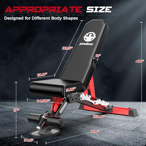 Pooboo Weight Bench, Adjustable Workout Bench for Home, 1500LBS Weight Capacity Heavy Duty Strength Training Bench, Flat/Incline/Decline Positions for Full Body Workout