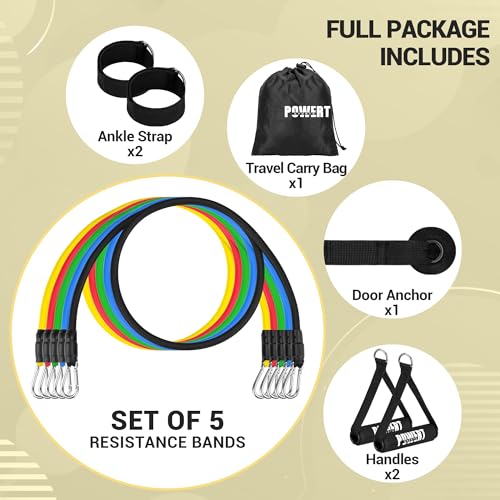 POWERT Resistance Bands Set (11pcs), Workout Bands with Handles, Door Anchor, Ankle Straps and Carry Bag, Exercise Bands, Portable Set, Good for Home Gym Fitness,Sports, Physical Therapy