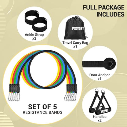 POWERT Resistance Bands Set (11pcs), Workout Bands with Handles, Door Anchor, Ankle Straps and Carry Bag, Exercise Bands, Portable Set, Good for Home Gym Fitness,Sports, Physical Therapy