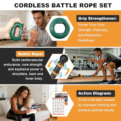 2PCS Weighted Ropeless Battle Ropes for Home Gym, Heavy Duty Portable Cordless Battle Rope with 2 Grip Strengtheners & Poster, Quiet Battle Rope Sticks for HIIT, Strength & Cardio Men & Women