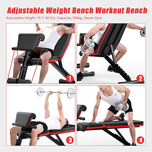 Weight Bench, Foldable Workout Bench Multi-functional Full Body Workout Equipment 352.74 Lbs Weight Capacity 7-Position Adjustable Height Hook and Loop Feet for Fitness Enthusiasts