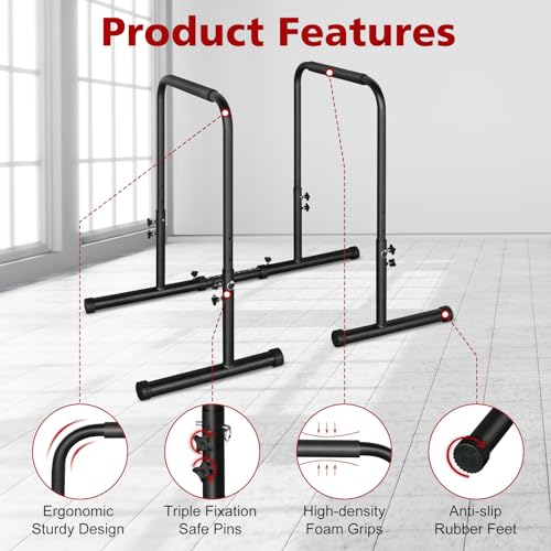 Dip Stand Station Heavy Duty Dip bar Adjustable Height/Width Fitness Workout for Tricep Dips, Pull-Ups, Push-Ups
